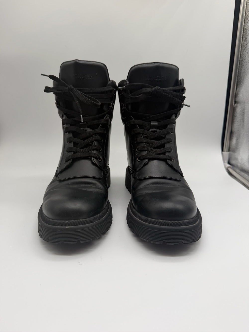 Moncler Black Leather Tactical Lace-Up Boots Sz 38 EU